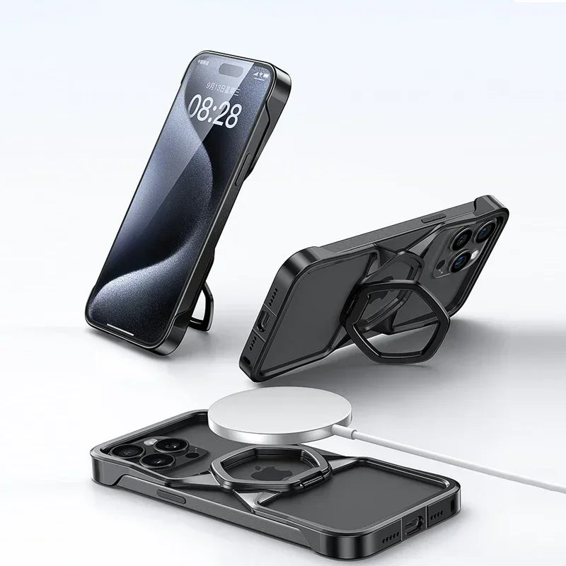 Aluminum Magnetic Case with Metal Stand For iPhone Series